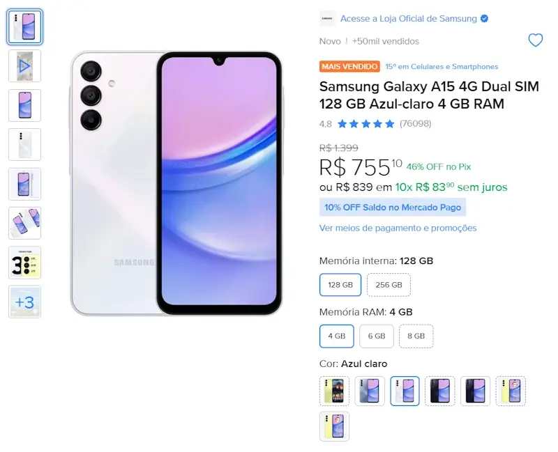 Samsung Galaxy A15 entra em promoção no Brasil com 46% de desconto galaxy a15 roxo promocao mercado livre