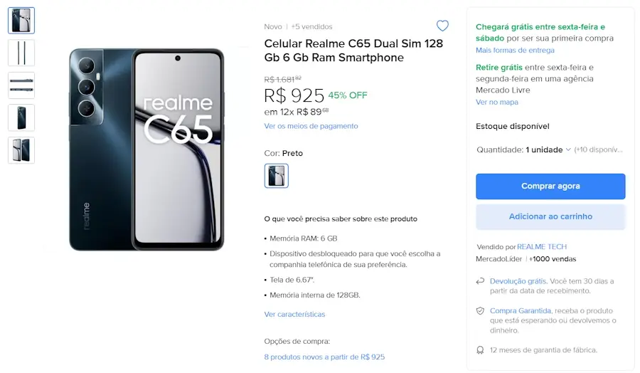 Entrou em promoção: realme C65 4G com 45% de desconto realme c65 mercado livre