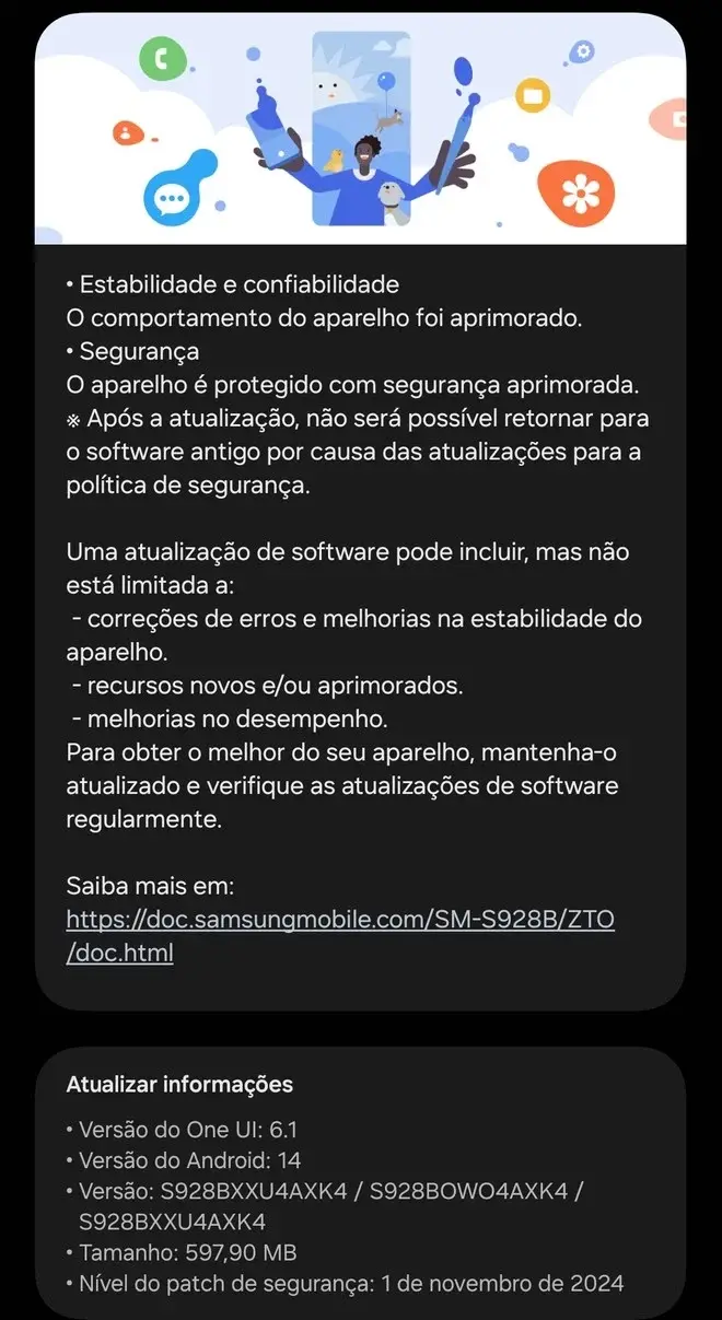 Samsung libera atualização de segurança de novembro para linha Galaxy S24 no Brasil galaxy s24 update