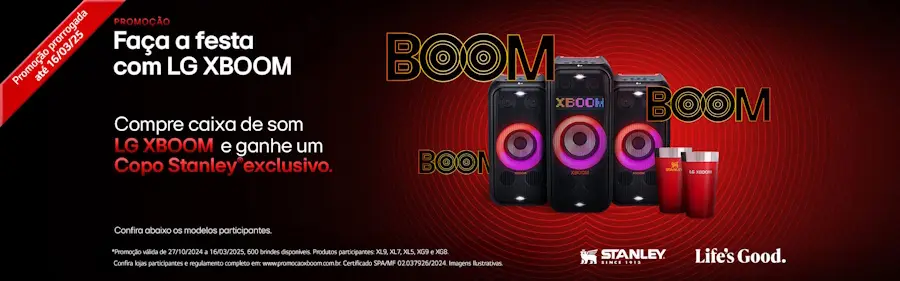 LG lança campanha promocional com brinde de copo Stanley para quem comprar caixas XBOOM faca a festa com lg xboom