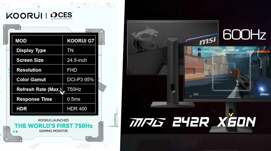 MSI lança monitor gamer de 24" MPG 242R X60N com taxa de 600 Hz para competições MSI-600HZ-KOORUI-750HZ-MONITOR