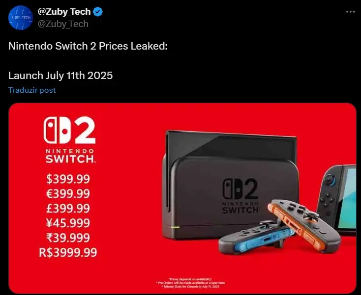 Nintendo Switch 2 no Brasil? Rumores apontam preço de R$ 3.999 em possível lançamento nintendo switch 2 preco