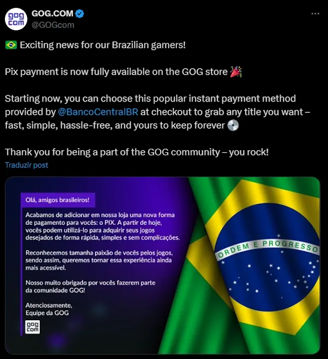 Agora é oficial: GOG Store adiciona pagamento via Pix para usuários brasileiros gog store comunicado