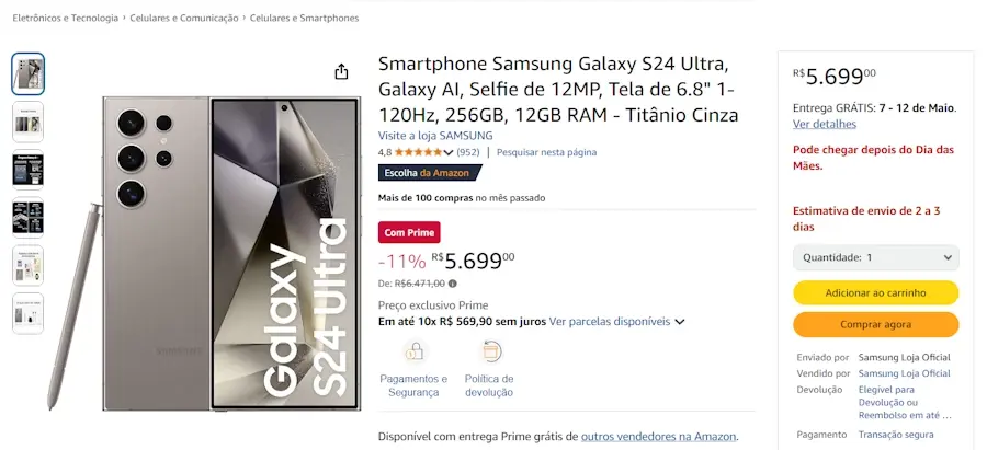 Galaxy S24 Ultra ganha mais de R$ 700 de desconto para membros Prime samsung galaxy s24 ultra titanio promocao