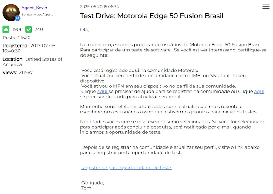 Motorola abre inscrições para brasileiros testarem o Android 16; veja os celulares edge 50 fusion brasil teste