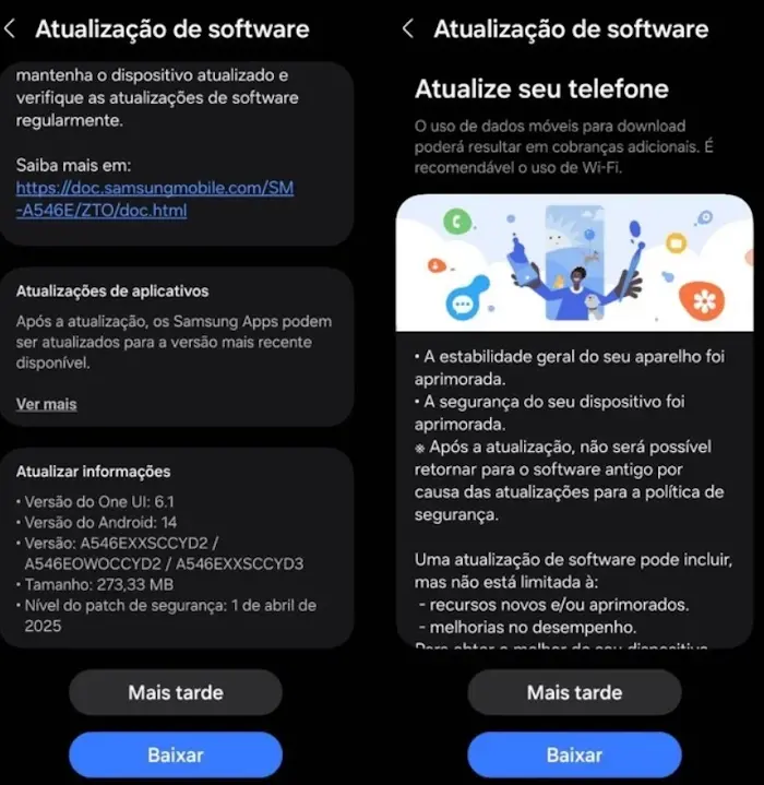 Galaxy A54 começa a receber pacote de segurança de abril no Brasil galaxy a54 update abril