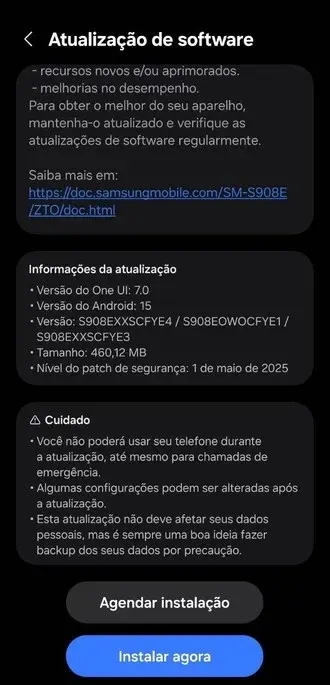 Galaxy S22 recebe atualização de segurança de maio com One UI 7 e Android 15 no Brasil galaxy s22 one ui 7 android 15