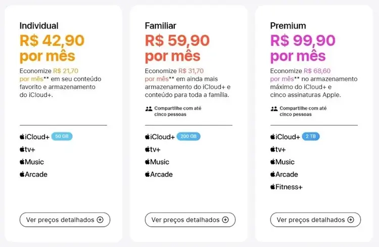 Apple reajusta preços do iCloud+ e Apple One no Brasil; aumento chega a 33% planos icloud plus apple